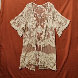 Dizzy Lizzy Womens Medium White Lace Duster Coastal Cowgirl Boho Chic Festival
